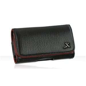 Black horizontal phone case with red seams and neoprene fabric adds a 