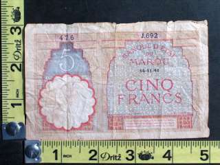 1941 WWII Banque DEtat du Maroc Morocco 5 Cinq Francs Paper Money 
