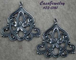 0161 LARGE ANTIQUED SS/P OPEN FILIGREE W/TOP HANG RING   2 Pc Lot 