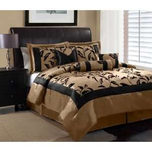  11 Piece Queen Amelia Black and Tan Flocked Bed in a Bag 