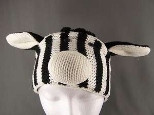 Black White zebra animal face knit ear warmer muff head wrap hat 