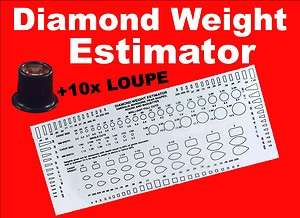 JEWELERS DIAMOND & STONE WEIGHT ESTIMATOR GAUGE + 10x eye loupe  