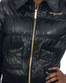 WOMENS BLACK BABY PHAT PUFFER FAUX LEATHER JACKET SMALL MEDIUM LARGE 