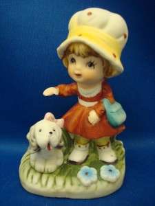   Girl In Bonnet & Spaniel Dog Figurine 1430 V Bisque Statue 3.75 Tall