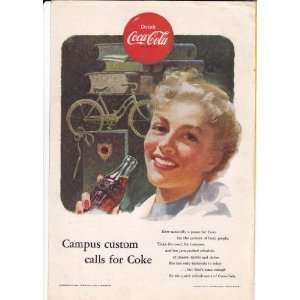 1953 Coca Cola Ad College Girl Campus Custom Calls for Coke Original 