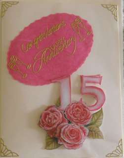 HANDMADE BEAUTIFUL 3D FLORAL 15TH ANNIVERSARY CARD  