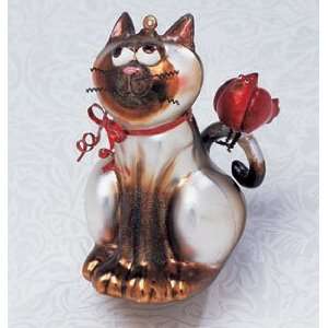 Silly Whimsical Cat With Cardinal On Tail Glass Christmas Ornament 