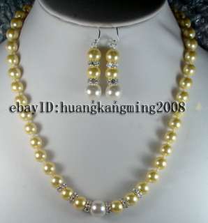Prety 8 10MM Yellow Sea Shell Pearl Necklace +Earring  