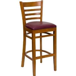 Cherry Finished Ladder Back Wooden Restaurant Bar Stool with Burgundy 