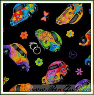 BOOAK Fabric VW Antique Car Peace Star Heart Punch Bug Rainbow Kombi 