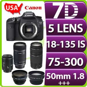   Canon EOS 7D + 5 Lens SLR Kit 18 135 IS, 75 300, 50mm + 24GB #1 KIT