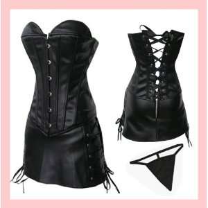 Black Gothic Faux Leather Corset & Skirt M SIZE 