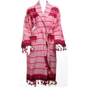  Cotton Bathrobe With Maroon and Light Red Stripes On Pink . Turkish 