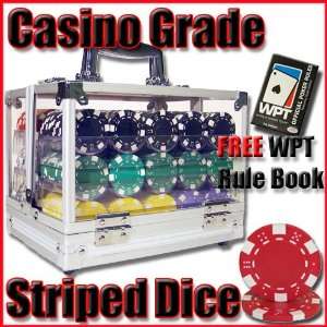 600 Ct Striped Dice Poker Chip Set w/ Acrylic Carrier, Comes w/ Free 