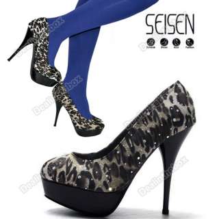 Vogue Crystal Ladies Stiletto Platform Pump High Heel Shoes Leopard 