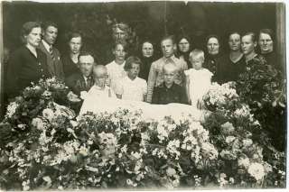 Old woman post mortem casket mourners antique photo  