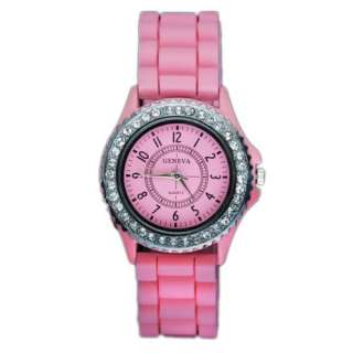 Charming Pink Color Dimond Jelly Quartz Unisex Silicone Wrist Watch 