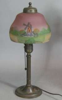   17 Reverse Painted Lamp w/ Windmills c. 1920 Art Deco Nouveau  