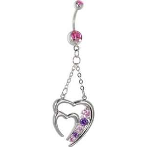    Passion Pink Gem Twin Hearts Chain Drop Belly Ring: Jewelry