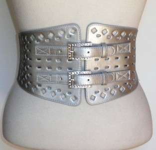 Silver 2 Rhinestone Buckle Waist Corset Leather Belt  