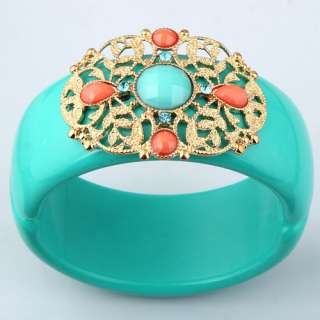 vintage green resin cricle bangle bracelet carving golden leaf faceted 