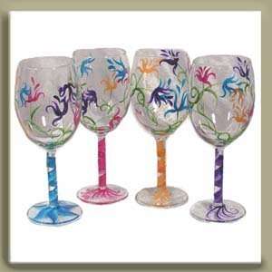  Painted Wine Glasses Jackie Pattern Bright Colors Individual Glass 