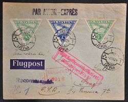 LATVIA to CZECH 1924 Imperf/Perf on Very RARE Airmail R Cover RIGA to 