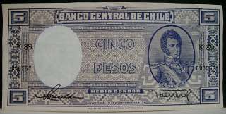 1940s Banco Central De Chile Cinco Pesos Note  