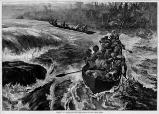 BOATS SHOOTING THE RAPIDS, CONGO RIVER, AFRICA HISTORY  