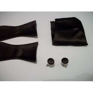  Bow tie cufflink & pocket square matching set (Solid Brown 