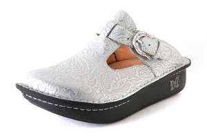 ALEGRIA Womens Classic Clogs White & Silver Embossed Leather ALG 537 