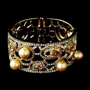  Gold Ivory Pearl Rhinestone Crystal Cuff Bracelet Jewelry