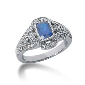  1.35 Ct Diamond Sapphire Ring Engagement Emerald Cut Pave 