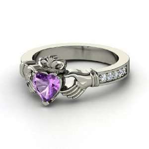  Claddagh Ring, Heart Amethyst 18K White Gold Ring with 