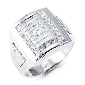    Mens 14k White Gold Round CZ Crown Eagle Band Ring Jewelry