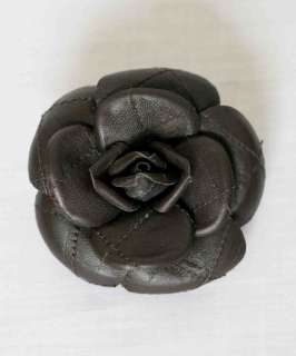 CHANEL Brown Leather Quilted CAMELLIA Flower Pin Brooch  