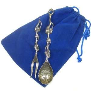  Unique Vintage Silverplated Rose Vine Spoon & Fork Set in Gift Bag 
