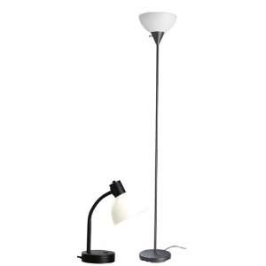  2pc Black Finish Table Desk & Torchiere Floor Lamp Set 