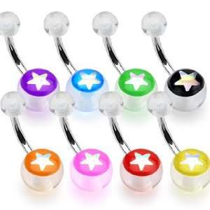 316L Surgical Stainless Steel Yellow Belly Ring with Star Inlay Clear 