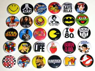 Bulk Lot ICONIC 80s PARTY BADGES x 30 Buttons Pins  