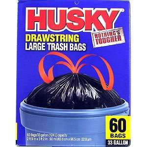  Husky Drawstring Trash Bags, Black 33 Gal: Patio, Lawn 