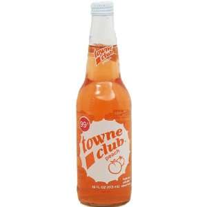 towne club peach flavor soda, 16 fl. oz. glass bottle  