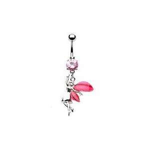   Fairy Charm Belly/Navel Ring Silver Tone with Pink Crystals: Jewelry