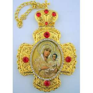 Madonna & Child Russian Icon Wall Cross Royal Crown Crystals Virgin 