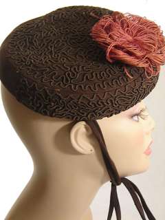 Beautiful Vintage 40s Brown Embroidered Tilt Cocktail Hat  