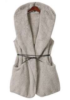  Faux Fur Pocket Hooded Vest Coat with Belt Gray Black S M #TNR  