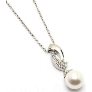   Twisted Crystal Stud Silver Tone Cream Pearl Charm Necklace: Jewelry