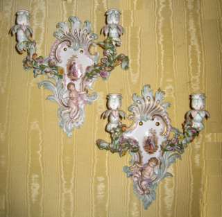 Pair Antique Meissen Porcelain Rococo Sconces  