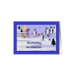    Kids Birthday Invitation   Blue / Penguins Card: Toys & Games