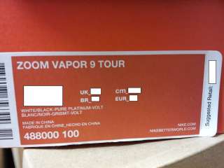   Nike Zoom Vapor 9 Tour Tennis Pure Platinum Volt Federrer 2012  